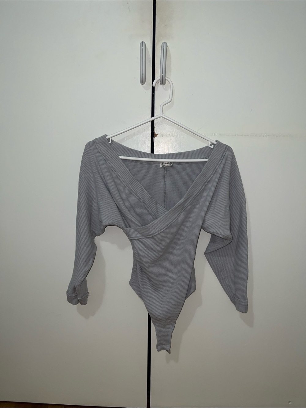 Free People Light Gray Ribbed Wrap Bodysuit